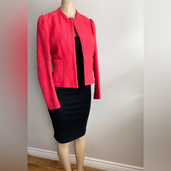 $660‼️MAJE Tweed Short Blazer Jacket Collarless Long Pleated Sleeves Pink Red M - Picture 2 of 13